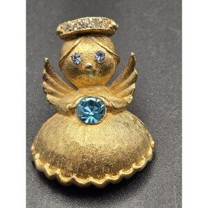 Vintage Ultra Craft Signed Rhinestone Accented Gold Tone Angel Small Brooch